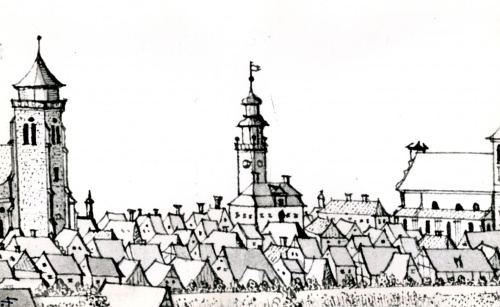 Ratusz leszczyński na panoramie F.B. Wernera z 1740 r. W tym czasie budynek posiadał wysoki, polski dach łamany, którego nigdy już nie odbudowano po pożarze miasta w 1790 r.