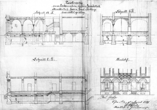 Leszno. Kamienica Rynek nr 9. Projekt E. Steina z 1891 r. na przebudowę piwnic i pomieszczeń w trakcie frontowym parteru budynku, zastąpienie murowanych filarów żeliwnymi kolumnami i tym samym otwarcie przestrzeni w lokalu handlowym. (kopia w WUOZL), zdjęcie nr 3