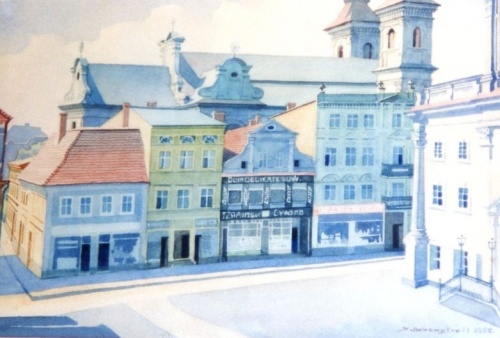 Fragment południowej pierzei rynku w Lesznie wg akwareli K. Hebenstreita z 1925 r. Kamienica nr 32 trzecia od lewej. (kopia w AWUOZL), zdjęcie nr 4