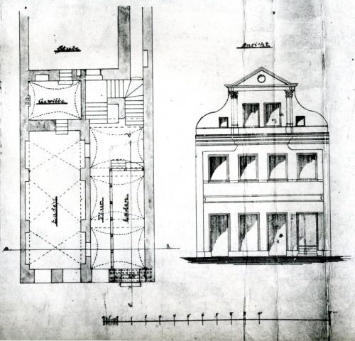 Leszno. Kamienica Rynek 32. Projekt W. Nergera z 1889 r., na przebudowę przyziemia budynku frontowego i zmiany okna wystawowego. Na rysunku widoczne pierwotne sklepienia krzyzowe i żaglaste, później zniesione. (kopia w AWUOZL), zdjęcie nr 1