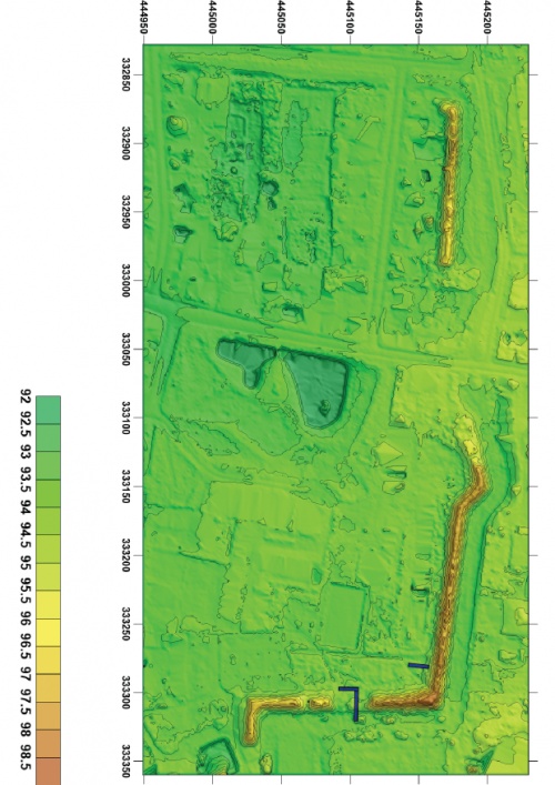 Numeryczny obraz terenu w rejonie reliktów leszczyńskich fortyfikacji uzyskany laserowym skanowaniem LIDAR. (żródło: ARCHGEO - Łukasz Lisiecki)