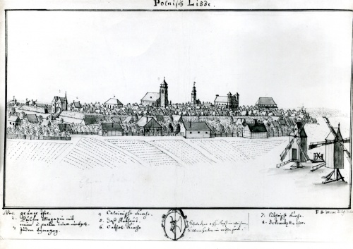 Widok Leszna na rysunku F.B. Wernera z 1740 r. Na pierwszym planie widoczne fortyfikacje.