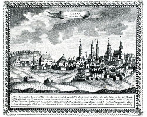 Anonimowy rysunek panoramy Leszna wykonany przed 1790 r. Fortyfikacje widoczne jako niskie wały ziemne.