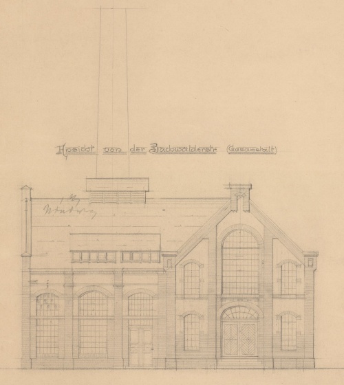 Projekt budynku elektrowni w Lesznie, elewacja zachodnia, w tle wysoki komin. (przed 1907 r., APL)