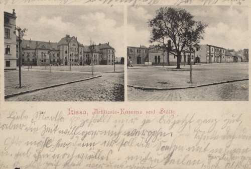 Zespół koszar artylerii polowej w Lesznie, z lewej widok od strony obecnej ulicy Królowej Jadwigi. (