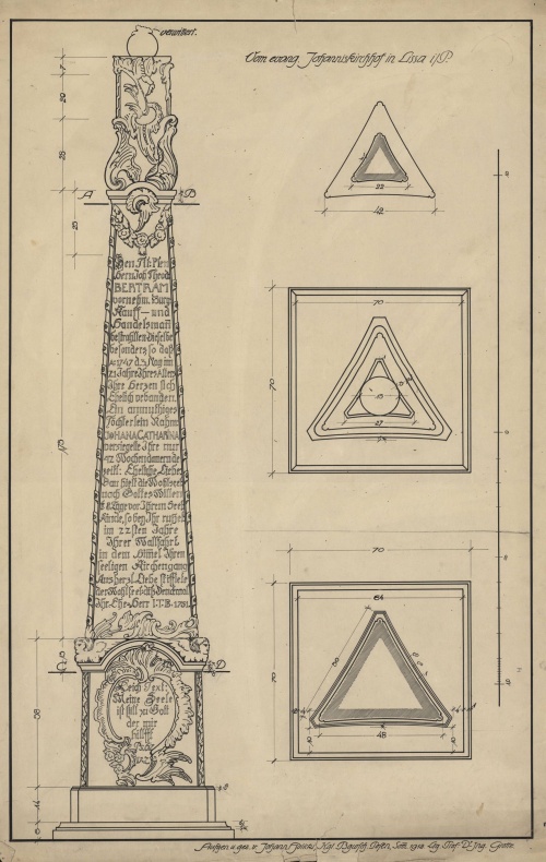 Rokokowy nagrobek z poł. XVIII w. wykonany z piaskowca w formie obelisku. Rysunek inwentaryzacyjny z 1918 r. (AWUOZL)