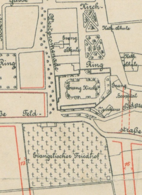 Cmentarz ewangelicki na początku XX w. zajmował powierzchnię ok. 3 ha. (plan Leszna z 1911 r., APL)