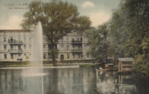 Park przy pałacu Sułkowskich. Pocztówka koloryzowana z pocz. XX w. ( z archiwum M. Błaszkowskiego)