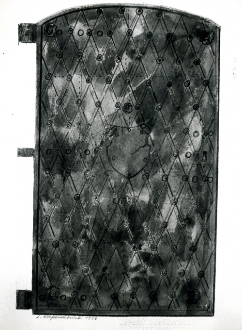 Drzwi żelazne z pałacu Sułkowskich w Lesznie wg. rys. L. Rozpendowskiego z 1923 r. (kopia w AWUOZL)