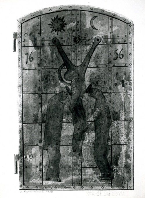 Zaginione drzwi żelazne z kościoła Krzyża w Lesznie stanowiły jeden z oryginalnych elementów pochodzących jeszcze z dekoracji pierwszego kościoła w z 1656 r. (rys. L. Rozpendowski, 1936 r.)