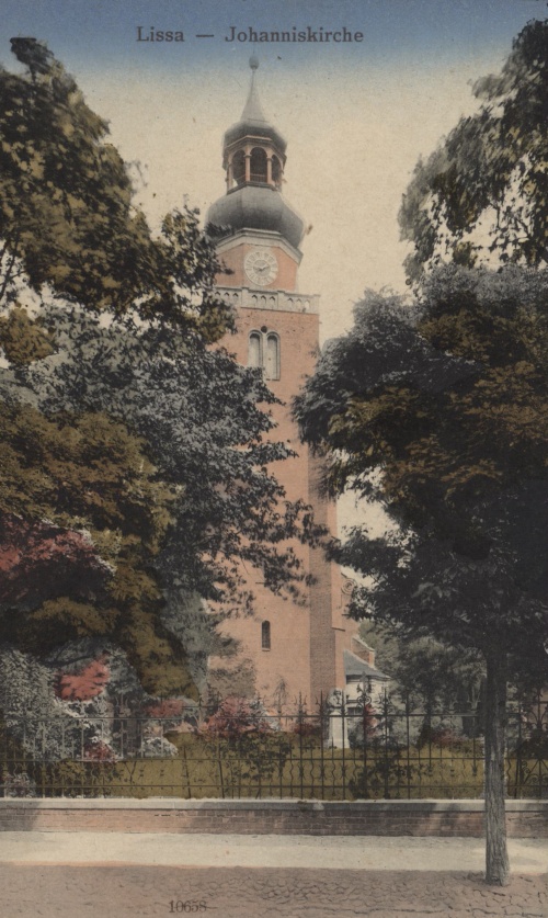 Kościół św. Jana na pocztówce koloryzowanej z ok 1914 r. (archiwum M. Błaszkowskiego)