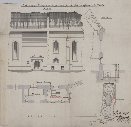 Południowa elewacja kościoła św. Jana. Rysunek z 1898 r. - projekt budowy kotłowni ogrzewania centralnego. (APL)