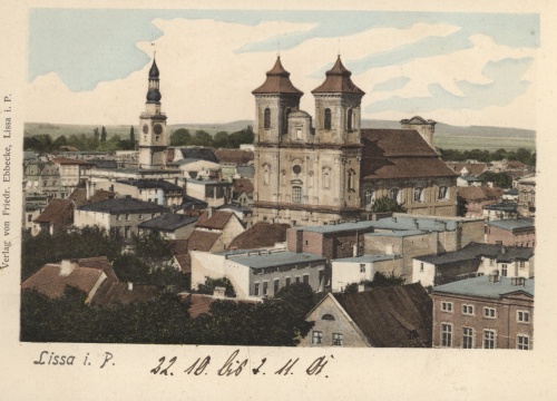 Kościół św. Mikołaja w Lesznie, stan z 1905 r., przed rozbudową. Pocztówka koloryzowana. (ze zbiorów M. Błaszkowskiego)