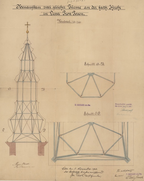 Nizrealizowany projekt odbudowy barokowych hełmów wież kościoła św. Mikołaja w Lesznie. Stalową konstrukcję miały wykonać z H. Cegielskiego z Poznania. (1911 r., APL)