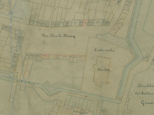 Der Kirch Ring - Rynek Kościelny - pod taką nazwą znany był ob. pl. Dra J. Metziga do 1921 r. Fragment planu miasta Leszna z 1790 r. (APL)